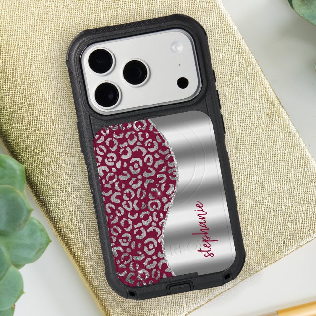 Glam Leopard Spots Silver Burgundy Metallic Name Otterbox iPhone Case (Creator Uploaded)