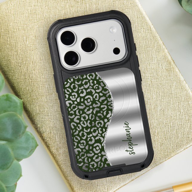 Glam Leopard Spots Silver Green Metallic Signature Otterbox iPhone Case (Creator Uploaded)