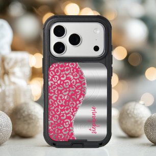 Glam Leopard Spots Silver Hot Pink Metallic Name iPhone 17 Pro Case