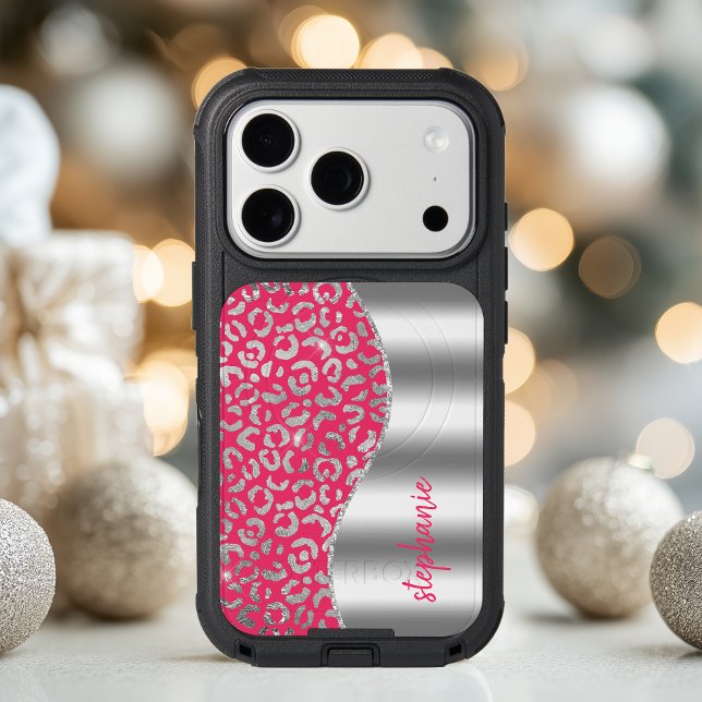 Glam Leopard Spots Silver Hot Pink Metallic Name Otterbox iPhone Case (Creator Uploaded)
