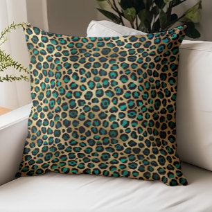 Glam Leopard Spots Teal Blue Gold Faux Foil Throw Pillow