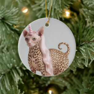 Glam Leopard Unicorn Cat in Pink Fur Heels Ceramic Ornament