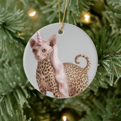 Glam Leopard Unicorn Cat in Pink Fur Heels         Ceramic Ornament