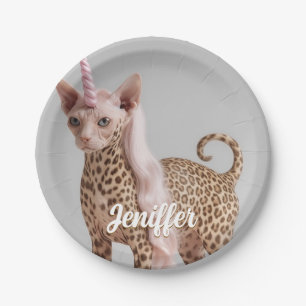 Glam Leopard Unicorn Cat in Pink Fur Heels         Paper Plates