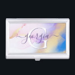 Glam Lilac Gold Abstract Paint Elegant Monogram Business Card Case<br><div class="desc">Easily personalize this glamorous style abstract lilac watercolor paint and faux gold spray background with your custom details.</div>