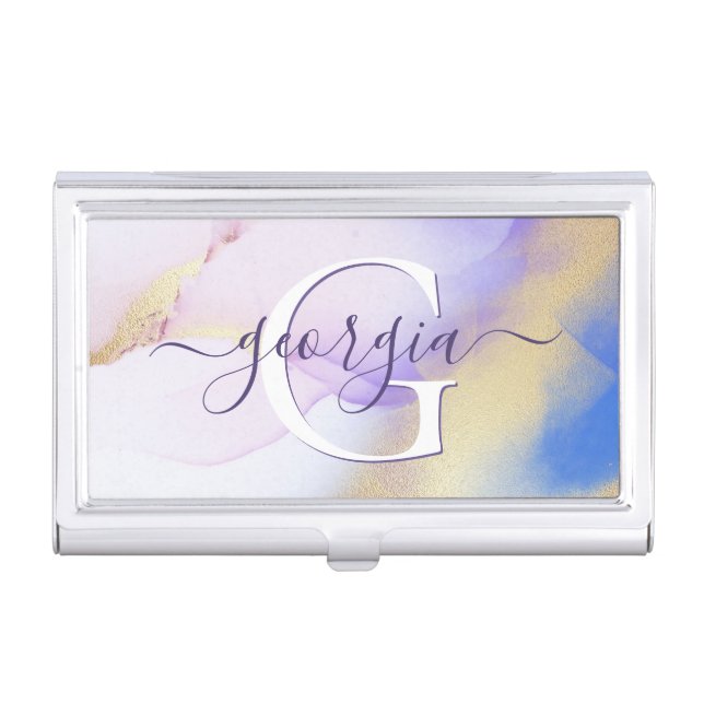 Glam Lilac Gold Abstract Paint Elegant Monogram Business Card Case (Front)