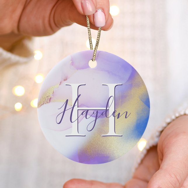 Glam Lilac Gold Abstract Paint Elegant Monogram Ceramic Ornament (Creator Uploaded)