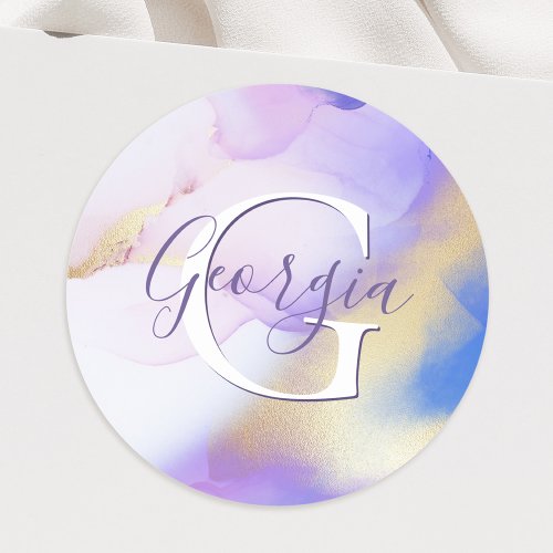Glam Lilac Gold Abstract Paint Elegant Monogram Classic Round Sticker