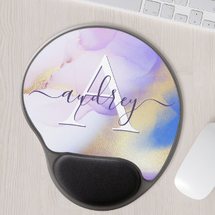 Glam Lilac Gold Abstract Paint Elegant Monogram Gel Mouse Pad