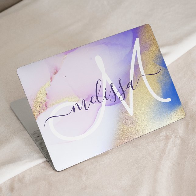 Glam Lilac Gold Abstract Paint Elegant Monogram HP Laptop Skin (Creator Uploaded)