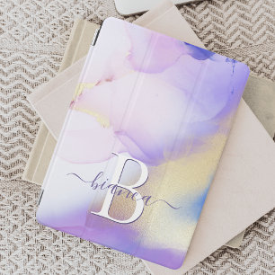 Glam Lilac Gold Abstract Paint Elegant Monogram iPad Pro Cover