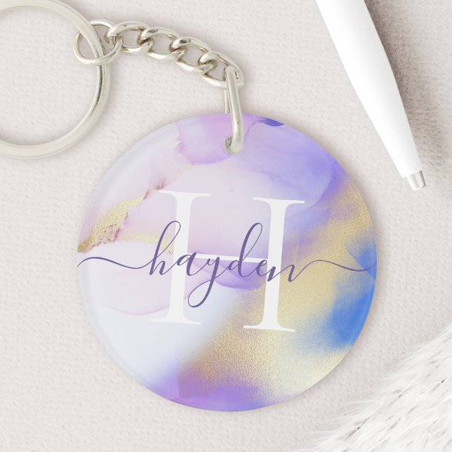Glam Lilac Gold Abstract Paint Elegant Monogram Keychain (Creator Uploaded)