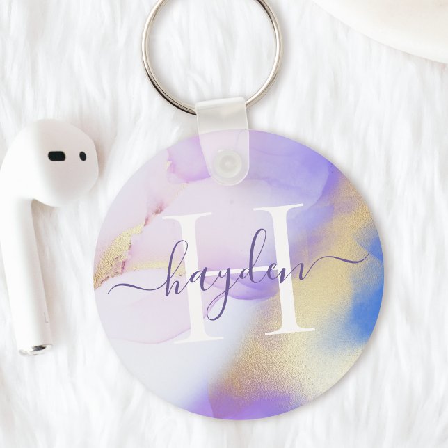 Glam Lilac Gold Abstract Paint Elegant Monogram Keychain (Creator Uploaded)