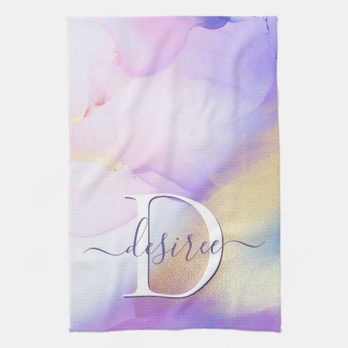 Glam Lilac Gold Abstract Paint Elegant Monogram Kitchen Towel