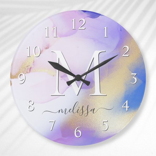 Glam Lilac Gold Abstract Paint Elegant Monogram Large Clock