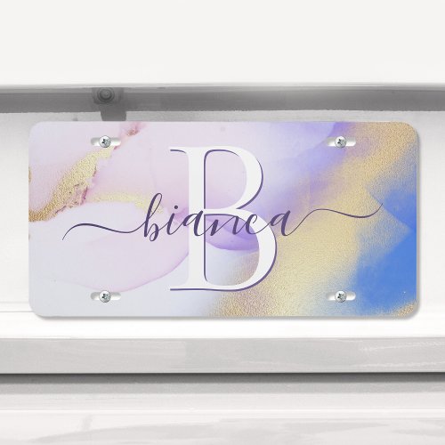 Glam Lilac Gold Abstract Paint Elegant Monogram License Plate