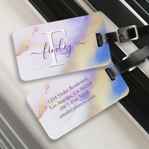 Glam Lilac Gold Abstract Paint Elegant Monogram Luggage Tag