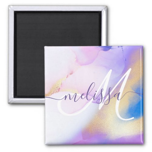 Glam Lilac Gold Abstract Paint Elegant Monogram Magnet