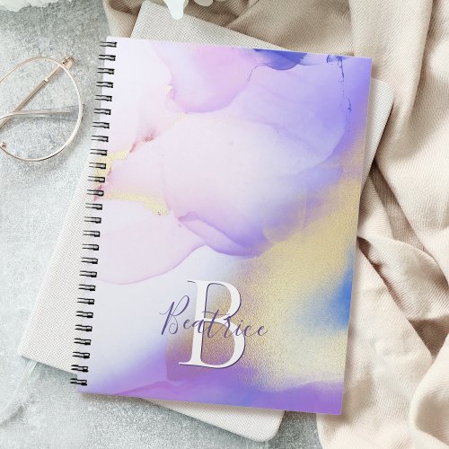Glam Lilac Gold Abstract Paint Elegant Monogram Notebook