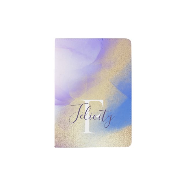 Glam Lilac Gold Abstract Paint Elegant Monogram Passport Holder (Front)