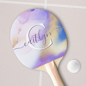 Glam Lilac Gold Abstract Paint Elegant Monogram Ping Pong Paddle