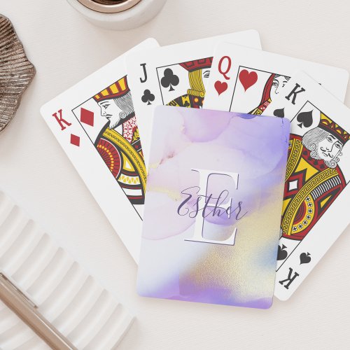 Glam Lilac Gold Abstract Paint Elegant Monogram Playing Cards