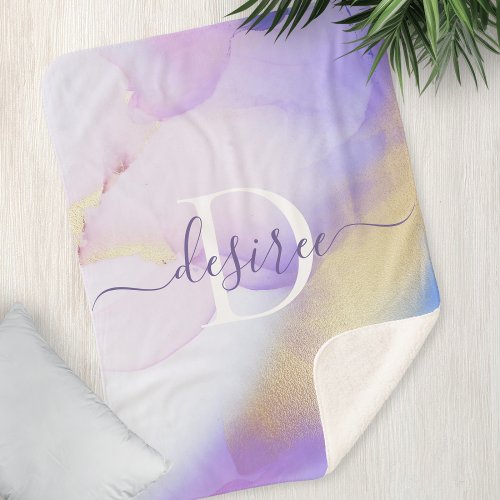 Glam Lilac Gold Abstract Paint Elegant Monogram Sherpa Blanket