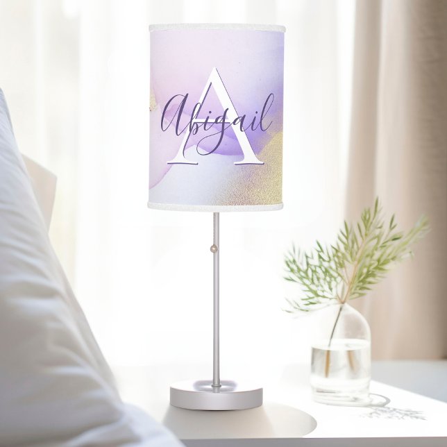 Glam Lilac Gold Abstract Paint Elegant Monogram Table Lamp (Creator Uploaded)
