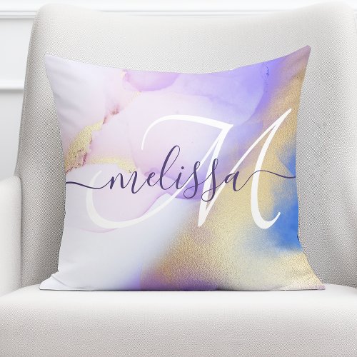 Glam Lilac Gold Abstract Paint Elegant Monogram Throw Pillow