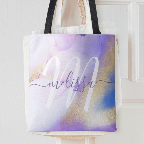 Glam Lilac Gold Abstract Paint Elegant Monogram Tote Bag