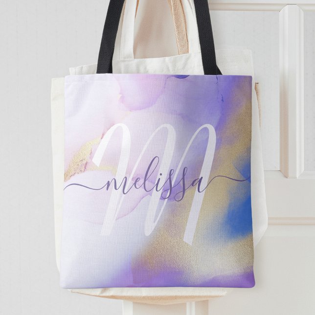 Glam Lilac Gold Abstract Paint Elegant Monogram Tote Bag (Creator Uploaded)