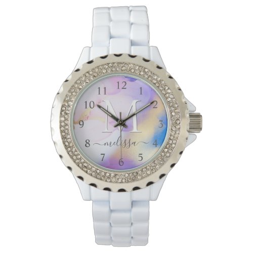 Glam Lilac Gold Abstract Paint Elegant Monogram Watch