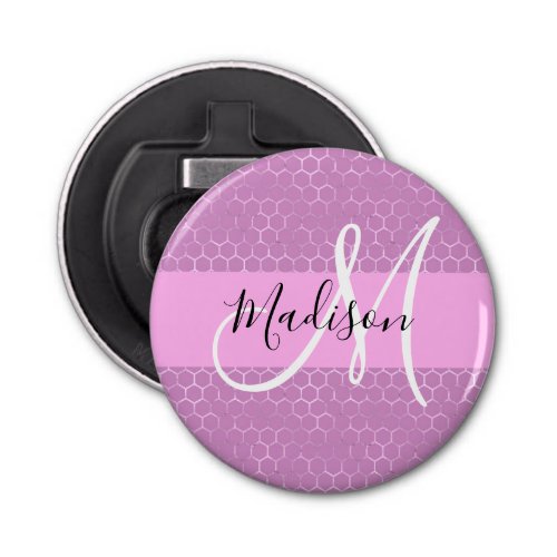 Glam Lilac Metallic Pink Honeycomb Monogram Name Bottle Opener