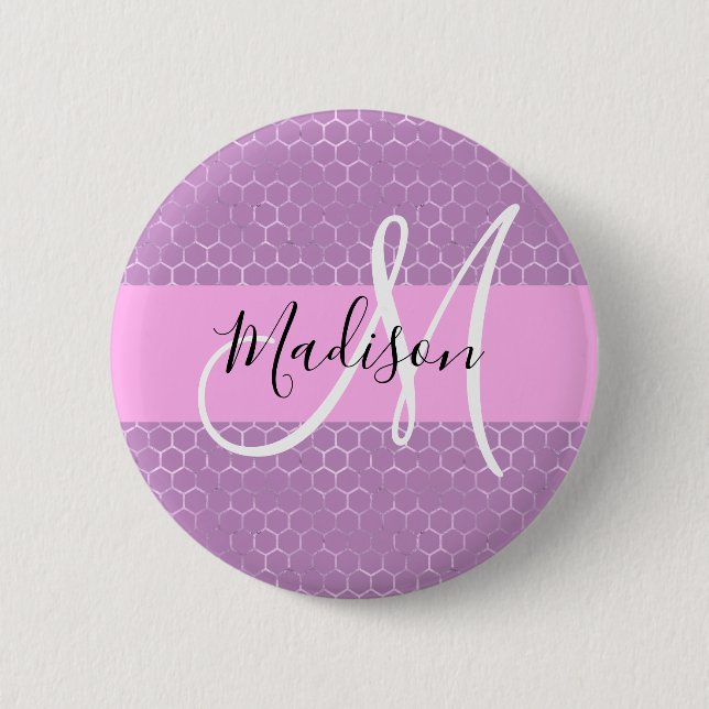 Glam Lilac Metallic Pink Honeycomb Monogram Name Button (Front)