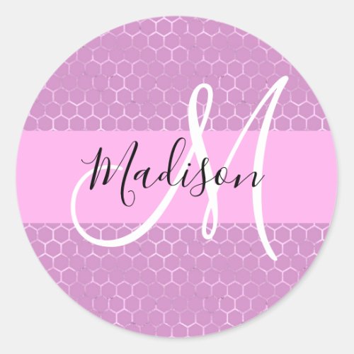 Glam Lilac Metallic Pink Honeycomb Monogram Name Classic Round Sticker