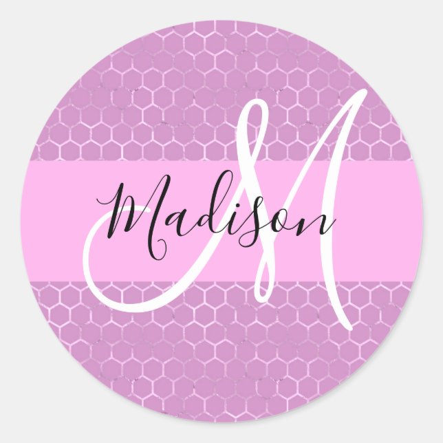 Glam Lilac Metallic Pink Honeycomb Monogram Name Classic Round Sticker (Front)