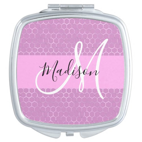 Glam Lilac Metallic Pink Honeycomb Monogram Name Compact Mirror