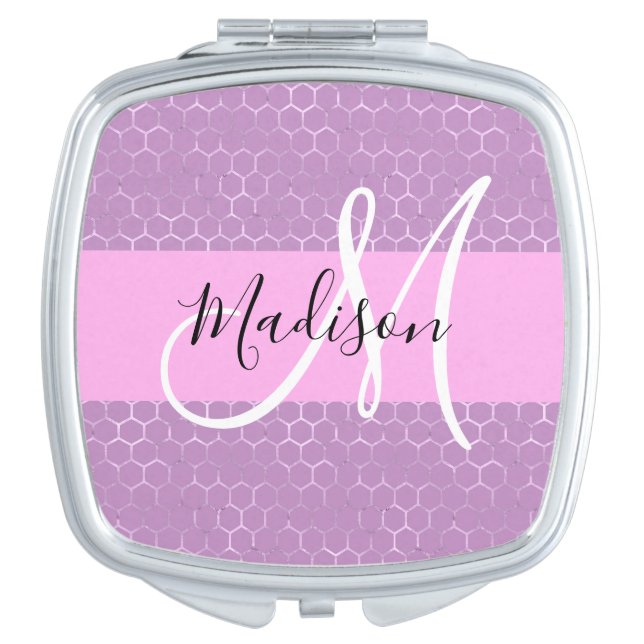 Glam Lilac Metallic Pink Honeycomb Monogram Name Compact Mirror (Front)