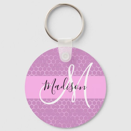 Glam Lilac Metallic Pink Honeycomb Monogram Name Keychain
