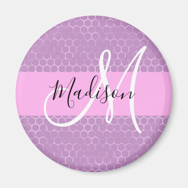 Glam Lilac Metallic Pink Honeycomb Monogram Name Magnet (Front)