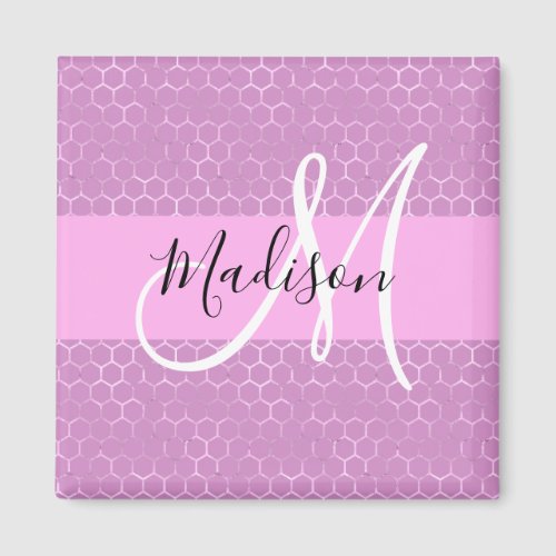 Glam Lilac Metallic Pink Honeycomb Monogram Name Magnet