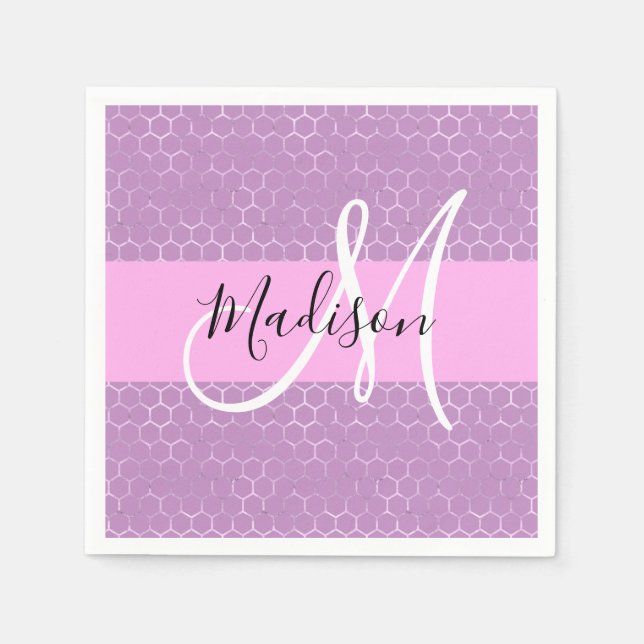 Glam Lilac Metallic Pink Honeycomb Monogram Name Napkins (Front)