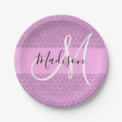 Glam Lilac Metallic Pink Honeycomb Monogram Name Paper Plates