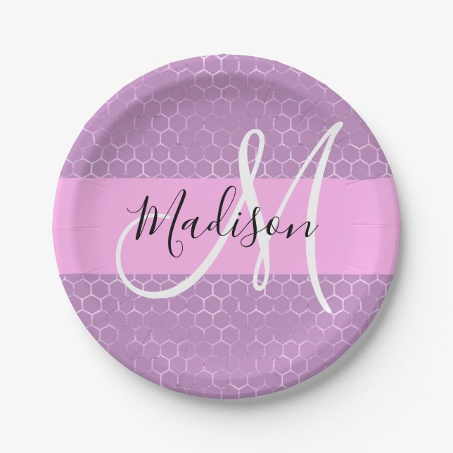 Glam Lilac Metallic Pink Honeycomb Monogram Name Paper Plates (Front)