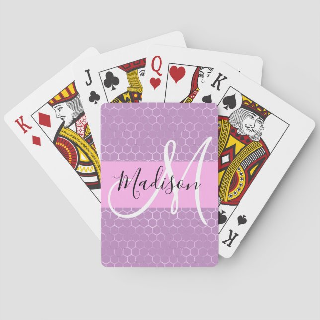 Glam Lilac Metallic Pink Honeycomb Monogram Name Poker Cards (Back)
