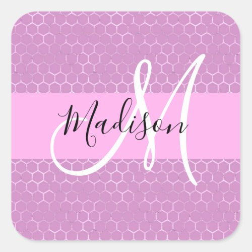 Glam Lilac Metallic Pink Honeycomb Monogram Name Square Sticker