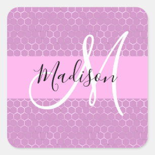 Glam Lilac Metallic Pink Honeycomb Monogram Name Square Sticker