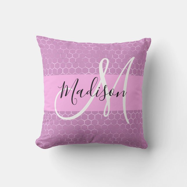 Glam Lilac Metallic Pink Honeycomb Monogram Name Throw Pillow (Front)