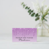 Glam Lilac Purple Glitter Drips Makeup Artist Business Card (Standing Front)
