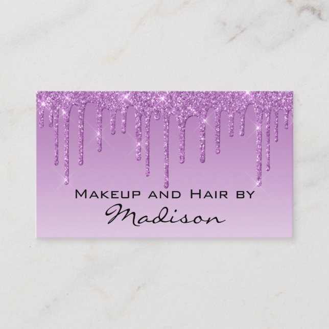 Glam Lilac Purple Glitter Drips Makeup Artist Business Card (Front)